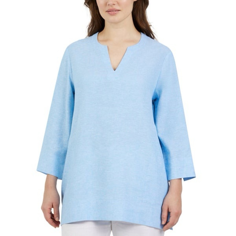 Lands’ End Women's Notch Neck Linen Blend Tunic Top, Light Blue